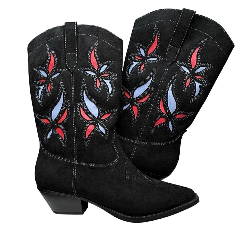 Cowgirl Boots Black Vegan Suede Western Mid Calf Floral Detail Women’s 9.5 NEW